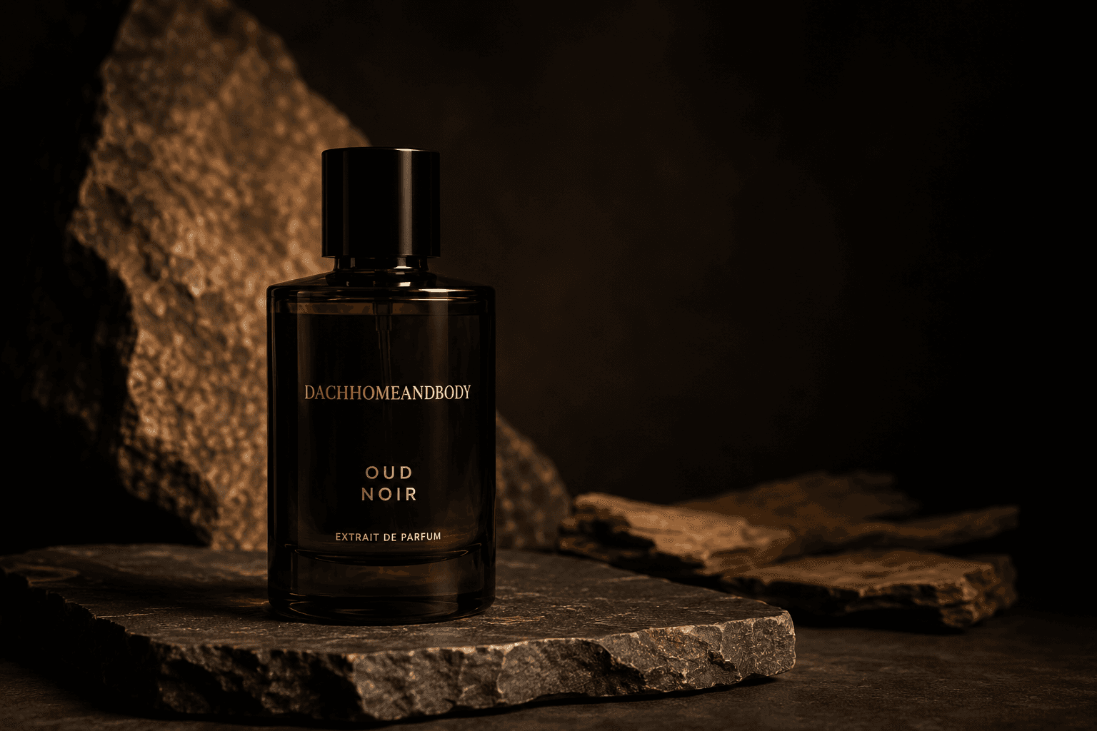 Luxury perfume bottle on stone surface with warm amber lighting